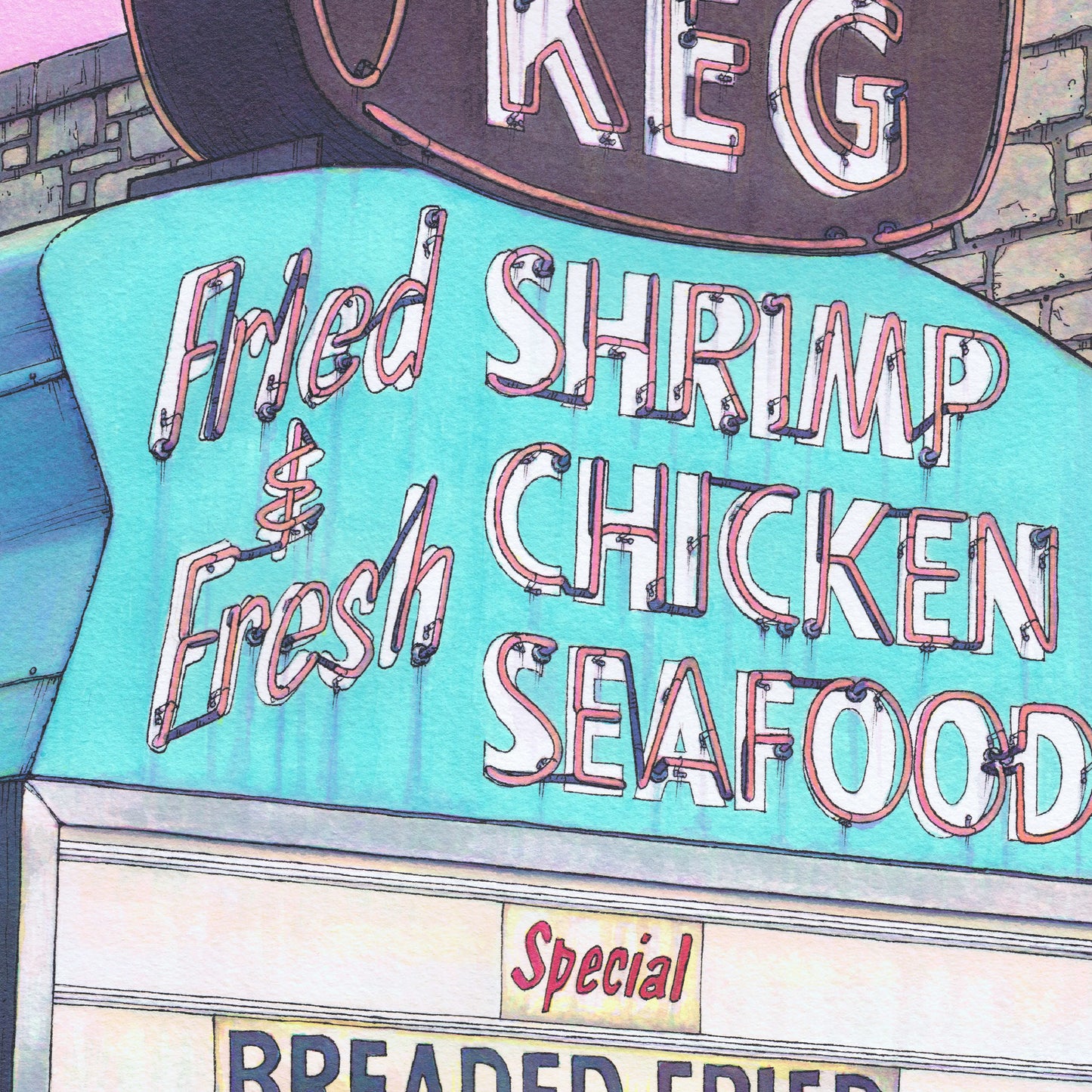 This is a close-up crop of a high resolution scan of a limited edition art print. The original artwork was created with india ink on watercolor paper by artist Katy V. Meehan. This is a scan of a print of a hand painted rendering of a vintage restaurant sign. The artwork is titled, ‘The Fish Keg’.