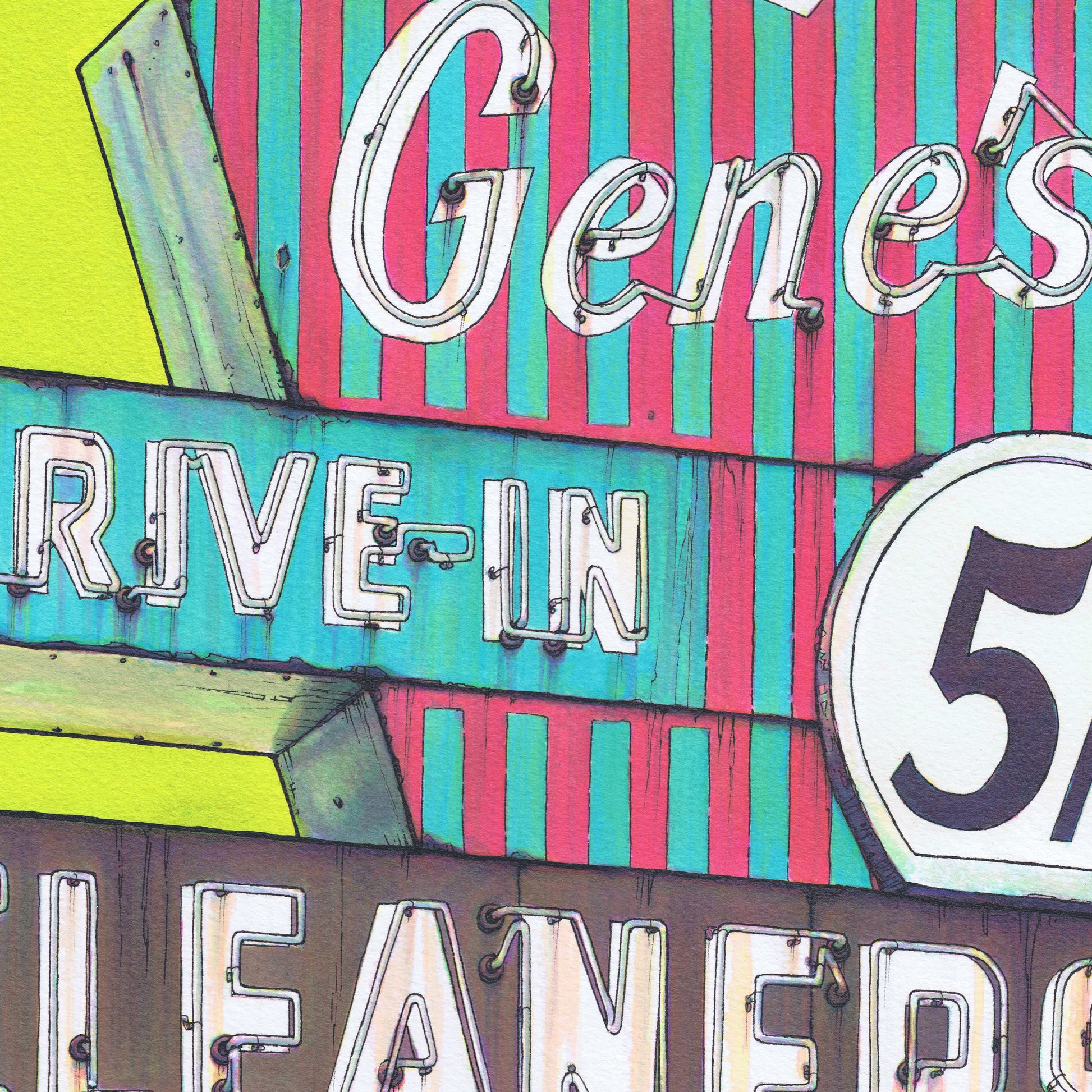 This is a close-up crop of a high resolution scan of a limited edition art print. The original artwork was created with india ink on watercolor paper by artist Katy V. Meehan. This is a scan of a print of a hand painted rendering of a vintage sign. The artwork is titled, 'Gene's Drive-In'.