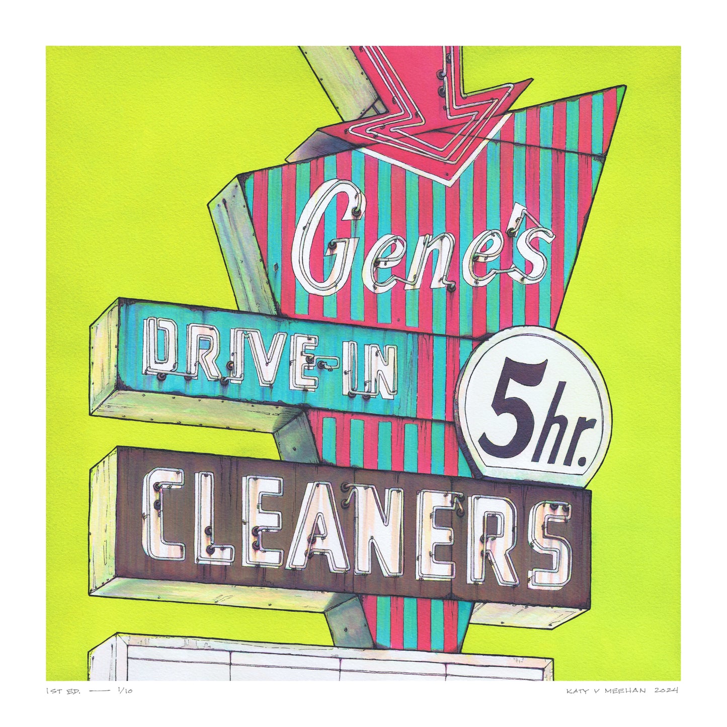 This is a high resolution scan of a limited edition art print. The original artwork was created with india ink on watercolor paper by artist Katy V. Meehan. This is a scan of a print of a hand painted rendering of a vintage sign. The artwork is titled, 'Gene's Drive-In'