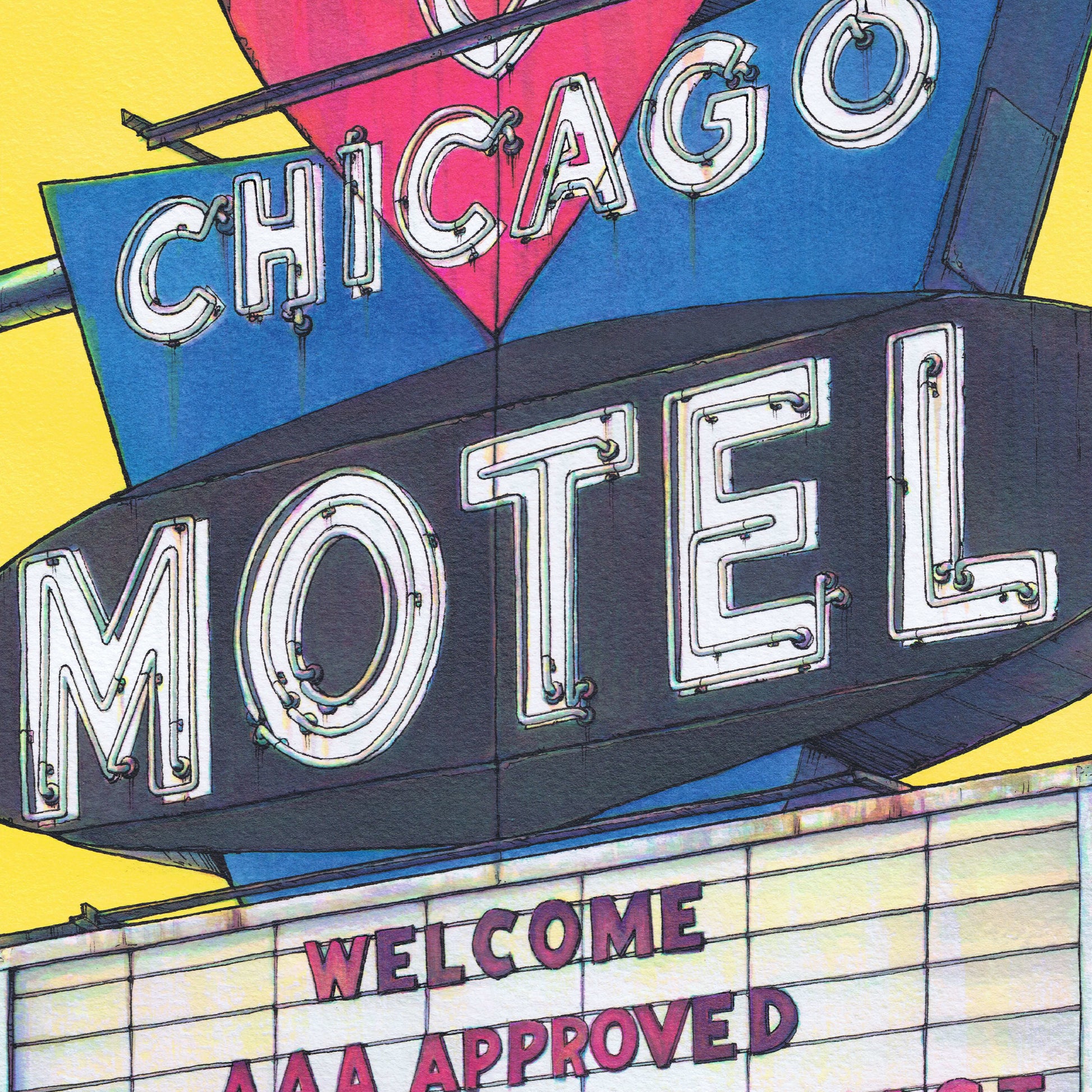 This is a close-up crop of a high resolution scan of a limited edition art print. The original artwork was created with india ink on watercolor paper by artist Katy V. Meehan. This is a scan of a print of a hand painted rendering of a vintage sign. The artwork is titled, ‘Heart-O-Chicago’.