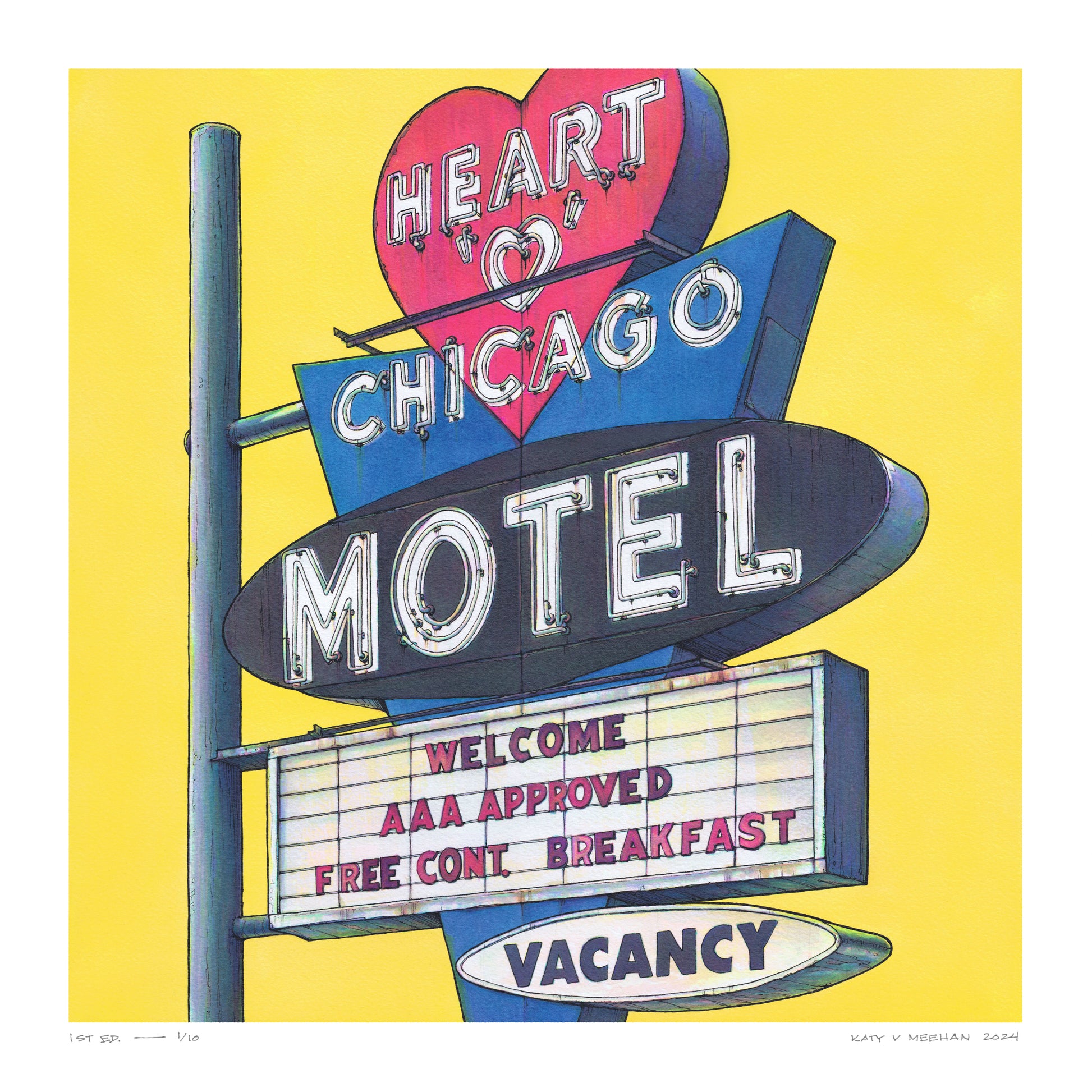 This is a high resolution scan of a limited edition art print. The original artwork was created with india ink on watercolor paper by artist Katy V. Meehan. This is a scan of a print of a hand painted rendering of a vintage sign. The artwork is titled, ‘Heart-O-Chicago’.