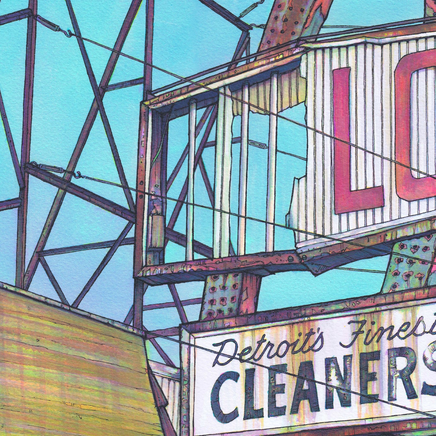 This is a close-up crop of a high resolution scan of a limited edition art print. The original artwork was created with india ink on watercolor paper by artist Katy V. Meehan. This is a scan of a print of a hand painted rendering of a vintage dry cleaning sign. The artwork is titled, 'SOLO'.