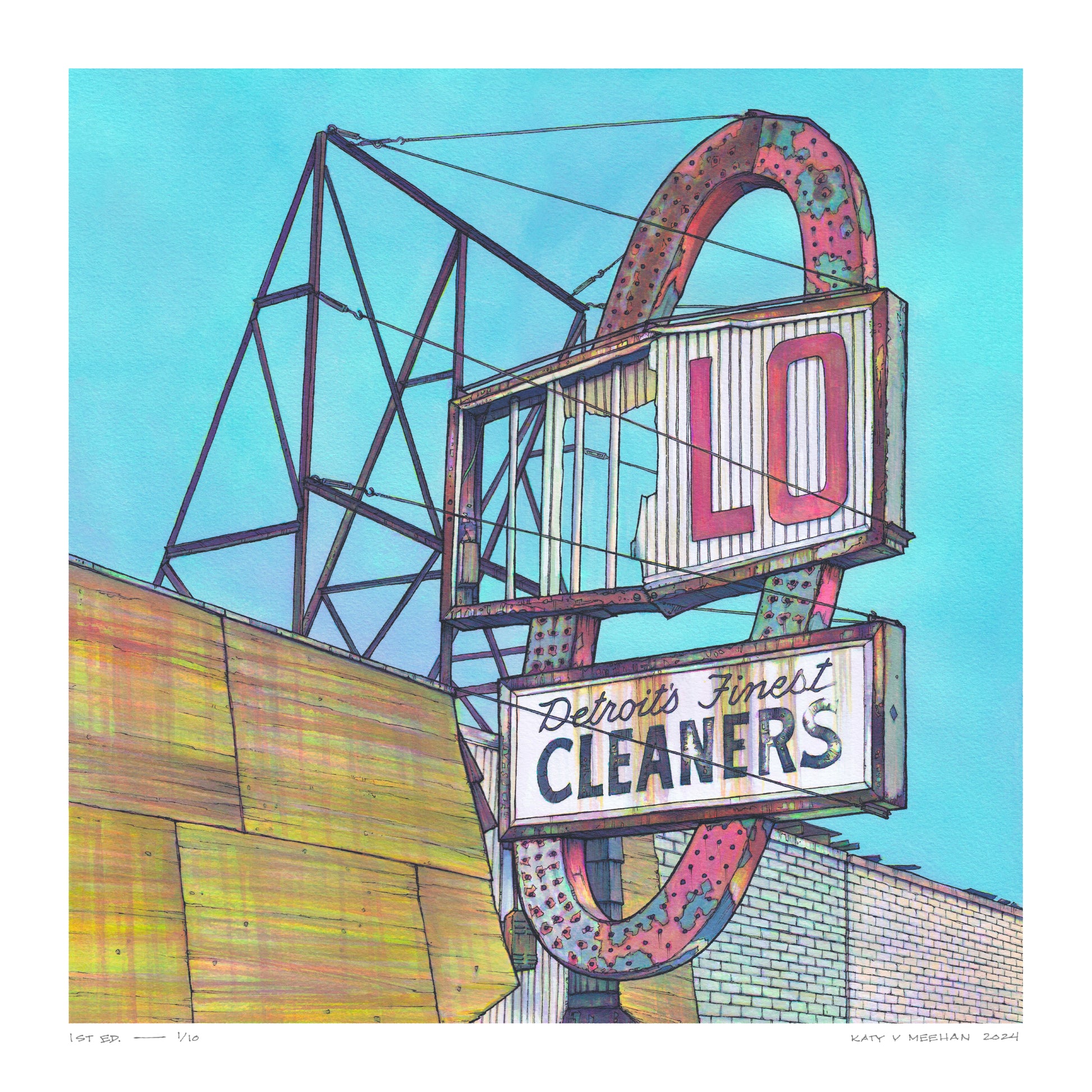 This is a high resolution scan of a limited edition art print. The original artwork was created with india ink on watercolor paper by artist Katy V. Meehan. This is a scan of a print of a hand painted rendering of a vintage dry cleaning sign. The artwork is titled, 'SOLO'.