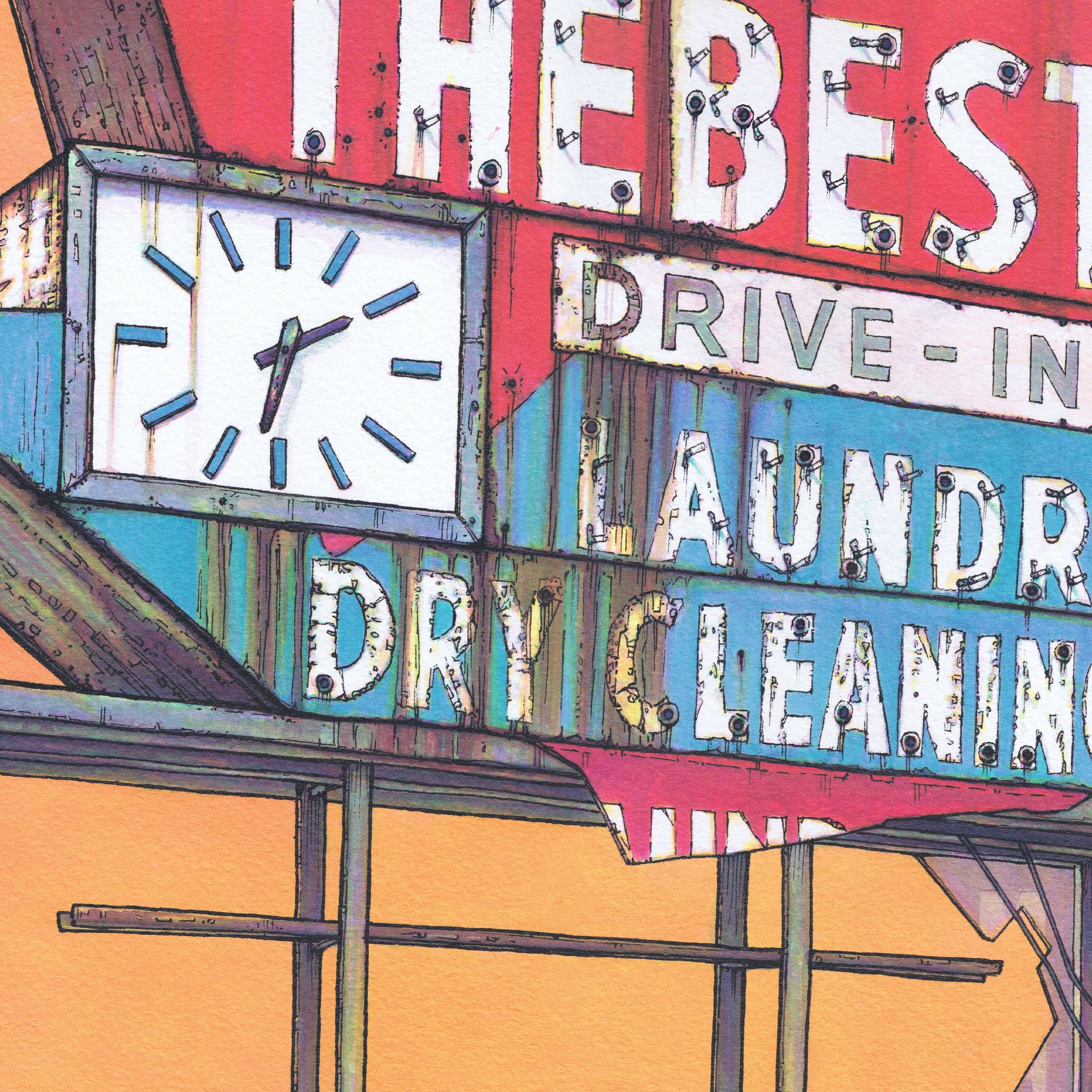 This is a close-up crop of a high resolution scan of a limited edition art print. The original artwork was created with india ink on watercolor paper by artist Katy V. Meehan. This is a scan of a print of a hand painted rendering of a vintage dry cleaning sign. The artwork is titled, ‘The Best’.