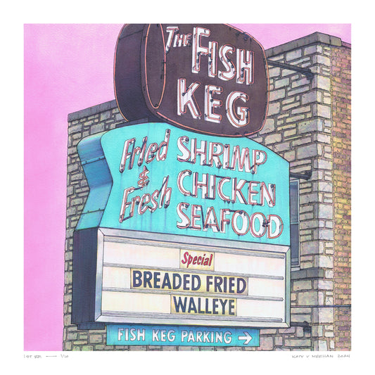 This is a high resolution scan of a limited edition art print. The original artwork was created with india ink on watercolor paper by artist Katy V. Meehan. This is a scan of a print of a hand painted rendering of a vintage restaurant sign. The artwork is titled, ‘The Fish Keg’.