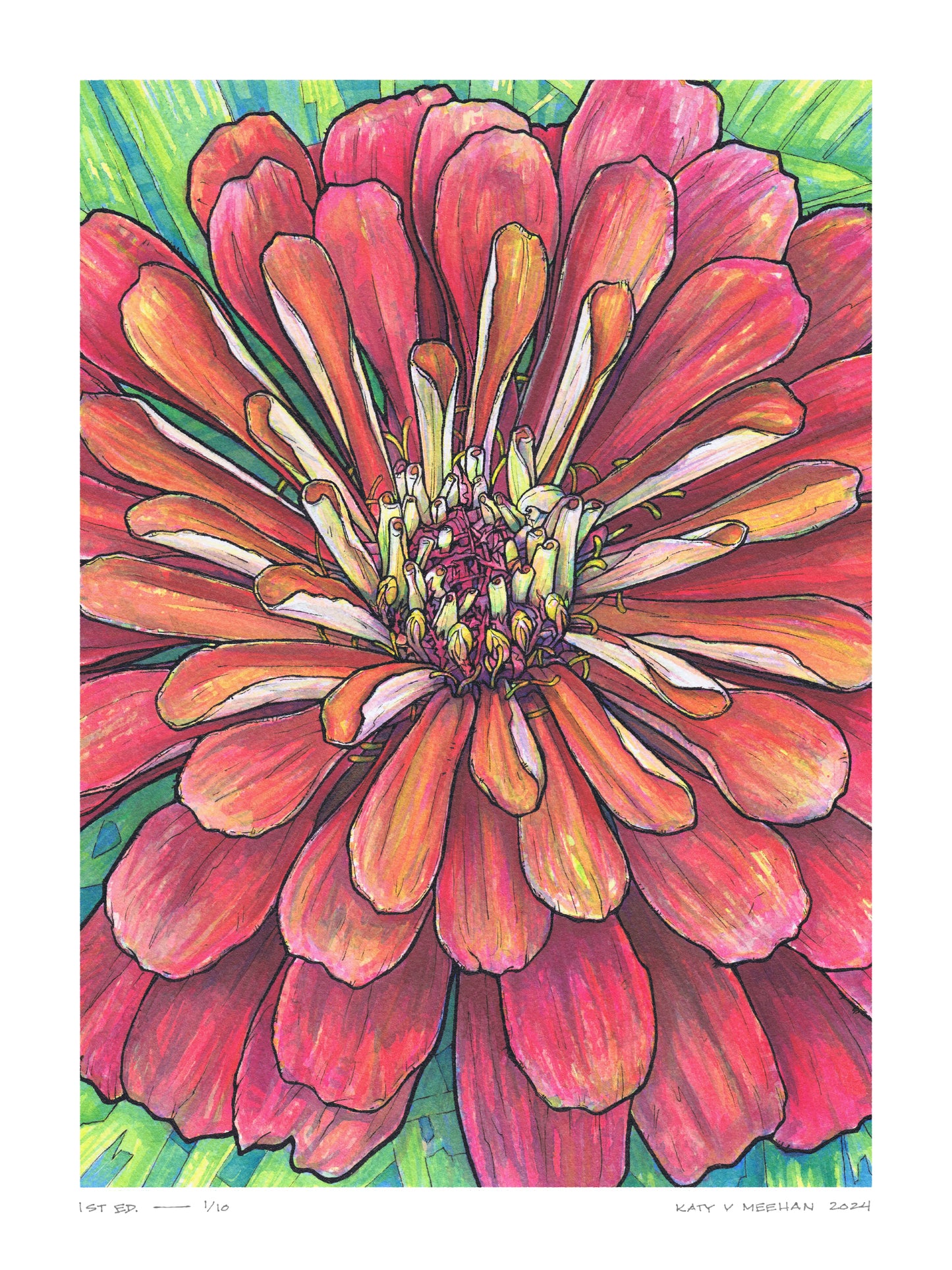 This is a high resolution scan of a limited edition art print. The original artwork was created with india ink on watercolor paper by artist Katy V. Meehan. This is a scan of a print of a hand painted rendering of a flower. The artwork is titled, ‘State Fair Zinnia’.